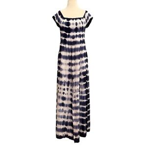 NWT Bohome Smocked Blue White Striped Tie Dye Short Sleeve Dress Coverup Medium